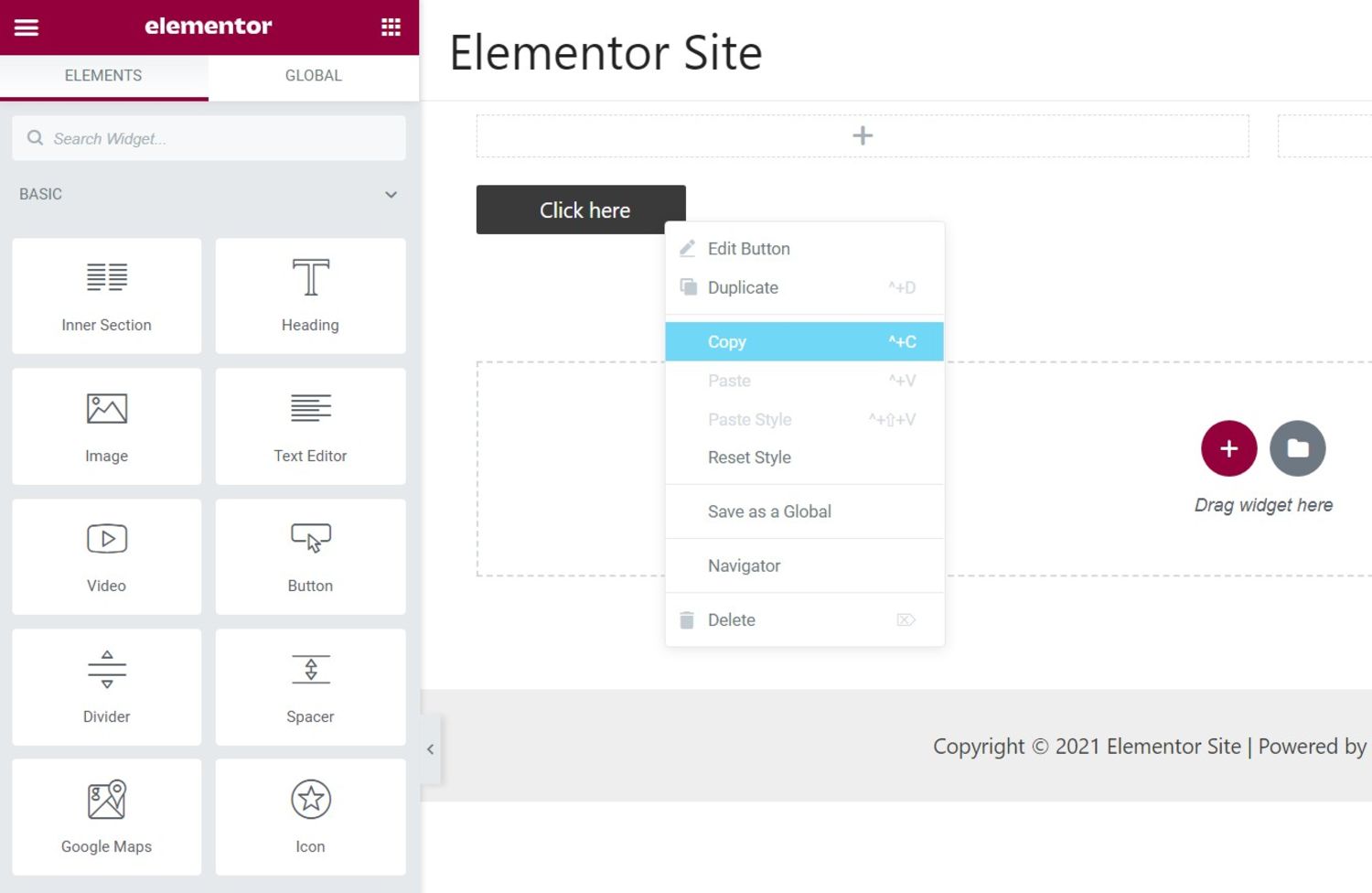 Использование меню Elementor