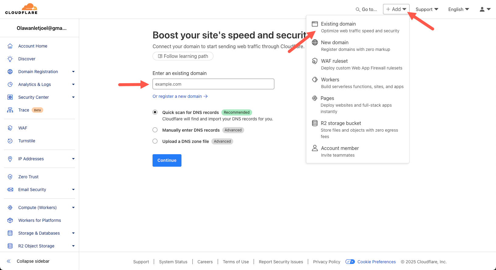 Добавление домента в Cloudflare