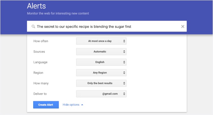 Google Alerts поиск совпадения